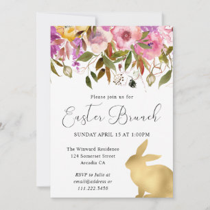 Boho Frühlingsblumen und Gold Bunnies Osterbrunch Einladung