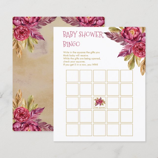 Boho Fuchsia Peony Blooms Baby Shower Bingo Card (Vorne/Hinten)