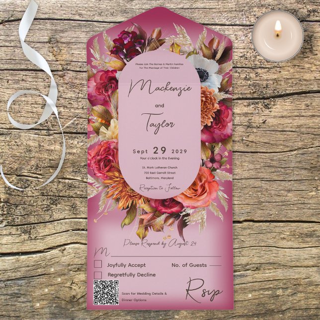Boho Fuchsia Pink Modern Floral Wreath QR Code All In One Einladung (Von Creator hochgeladen)
