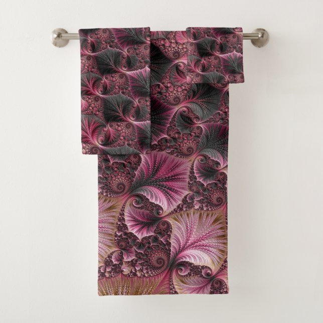 Boho Funky Eclectic Pink Black Abstrakt Fraktal Badhandtuch Set (Insitu)