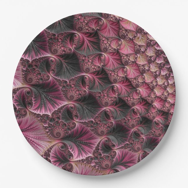 Boho Funky Eclectic Pink Black Abstrakt Fraktal Pappteller (Vorderseite)