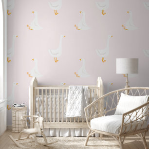Boho-Gans-Ente-Rosa-Weiß-Beige-Nursery Tapete