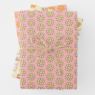BOHO Gänseblümchen auf pastellrosa floralem Osterm Geschenkpapier Set
