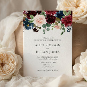 Boho Garden Burgundy Blue Floral Wedding Einladungspostkarte