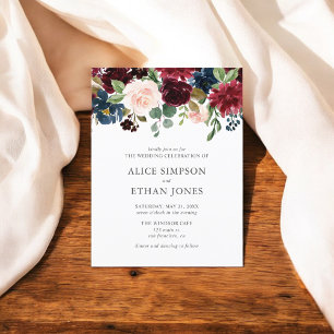 Boho Garden Burgundy Blue Floral Wedding Einladungspostkarte