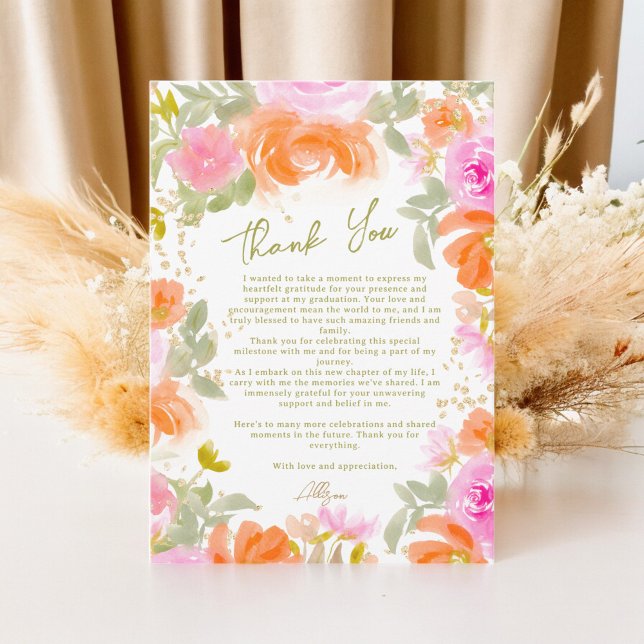 Boho Garden orange wildflowers graduation Dankeskarte (Boho Garden orange wildflowers graduation Thank You Card)