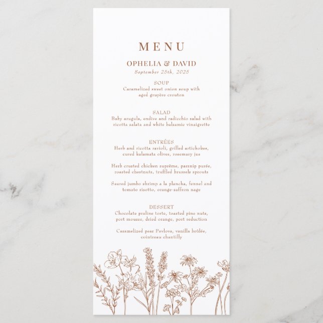 Boho Garden Wildblume Wedding Reception Menu Menükarte (Vorderseite)