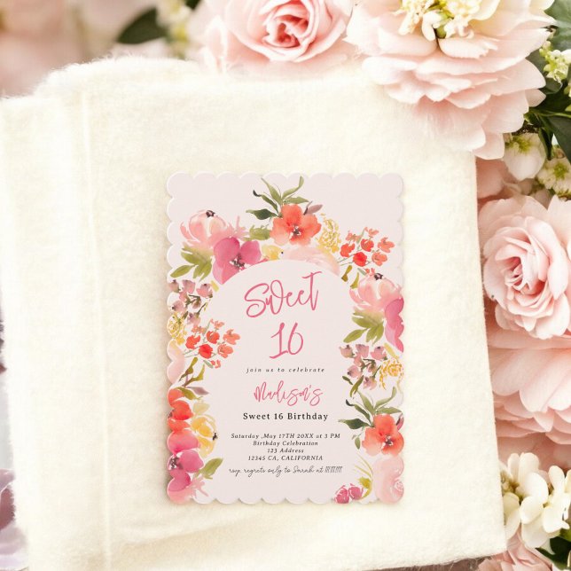Boho Garten Blumengarten Aquarellbogen Rosa Sweet  Einladung (Boho garden floral watercolor arch pink Sweet 16 Invitation)