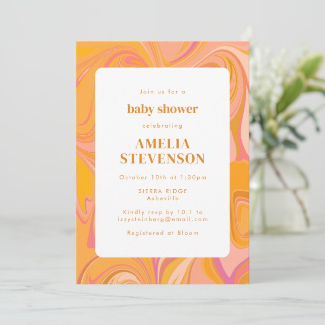 Boho Gelb und Rosa Marmor Einzigartige Babydusche Einladung (Stehend Vorderseite)