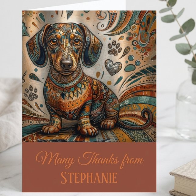 Boho gemusterter Dachshund-Hund Dankeskarte (Boho patterned dachshund note card for a dog lover to send a warm thank you message.)