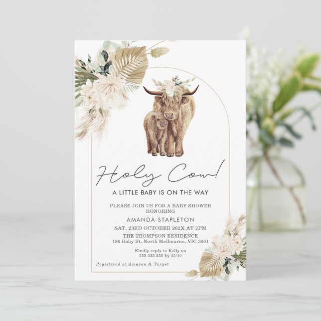Boho Gender Neutral Cow Calf Baby Dusche Einladung (Stehend Vorderseite)