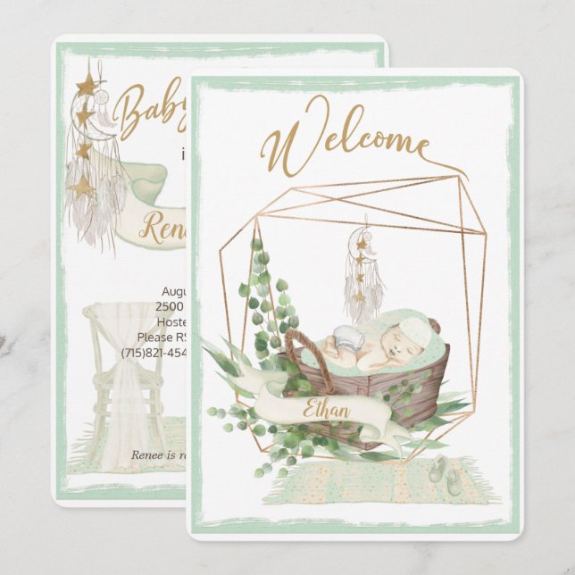 Boho Gender Neutral Watercolor Babydusche Einladung (Vorne/Hinten)