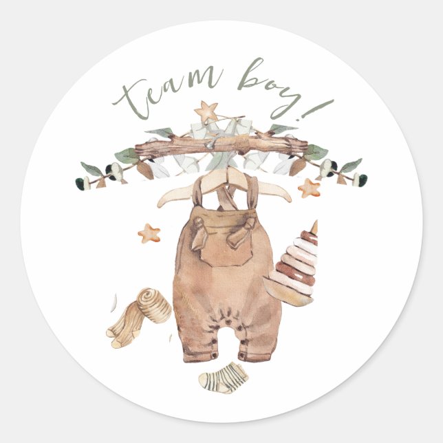 Boho Gender Reveal Team Boy Baby Shower Runder Aufkleber (Vorderseite)