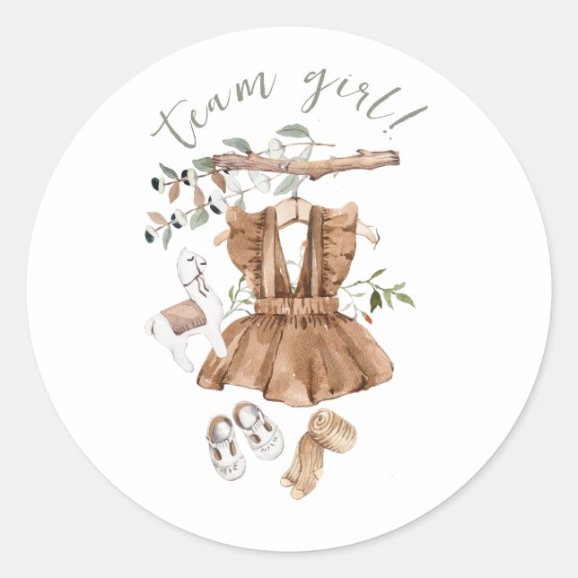 Boho Gender Reveal Team Girl Baby Shower Runder Aufkleber (Vorderseite)