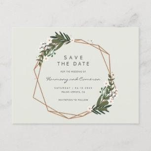 Boho Geometric Gold Frame Greenery Save the Date Ankündigungspostkarte