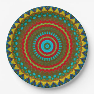 Boho Geometric Red Yellow Aquamarine Coole Ethnic Pappteller