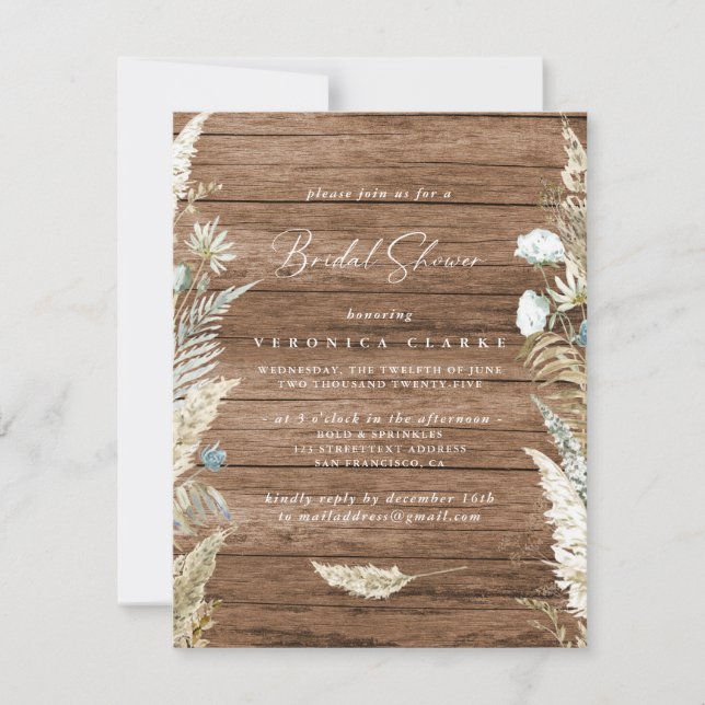 Boho getrocknete Blume und Brautparty aus Holz Einladung (Vorderseite)