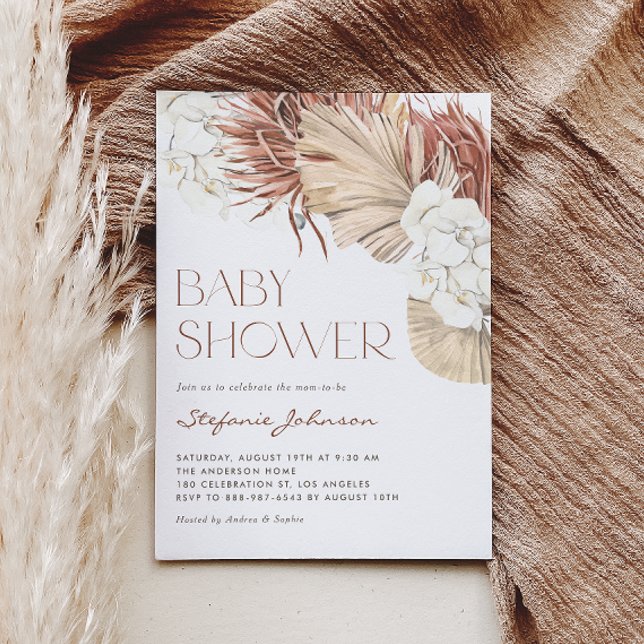 Boho getrocknete Palme und Orchid QR Code Babydusc Einladung (This QR code baby shower invitation features watercolor white orchids, pampas grass, and dried palm.)