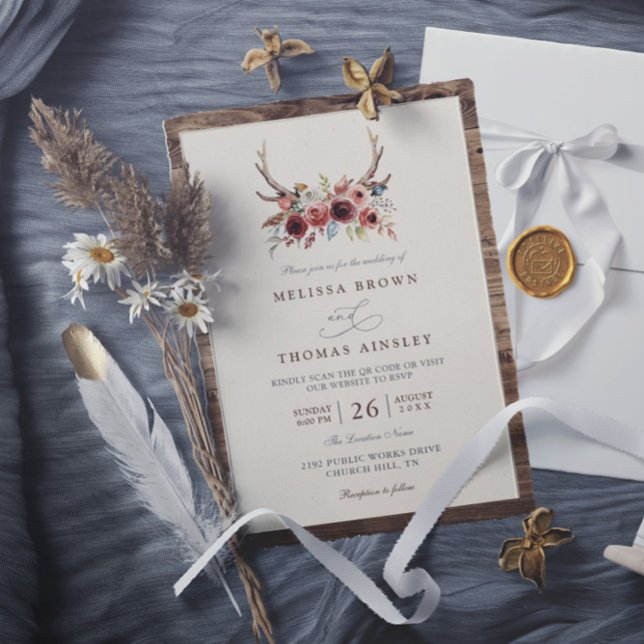 Boho Geweih Terrakotta Blumen QR-Code Hochzeit Einladung (Von Creator hochgeladen)
