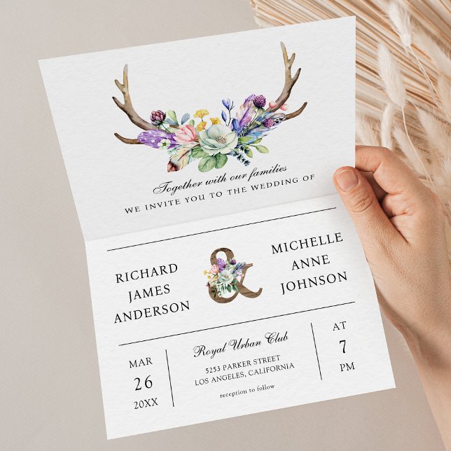 Boho Geweih Wildblumen Blumen QR-Code Hochzeit Einladung (Von Creator hochgeladen)