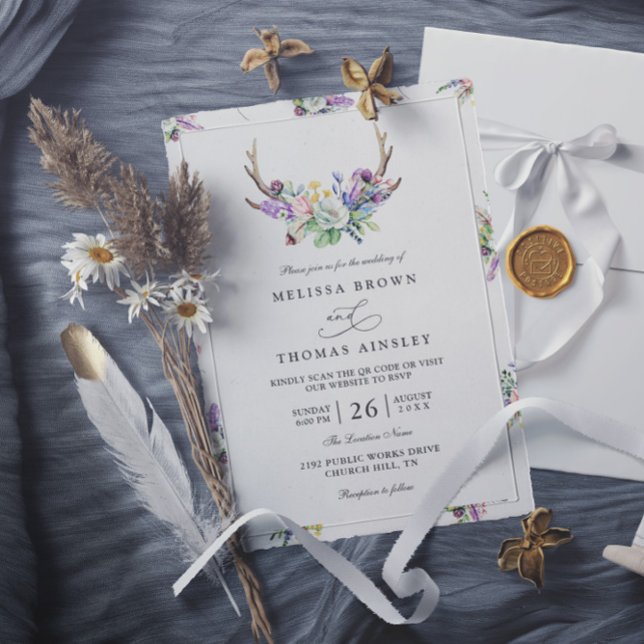 Boho-Geweih-Wildblumen-rustikale-QR-Code-Hochzeit Einladung (Von Creator hochgeladen)