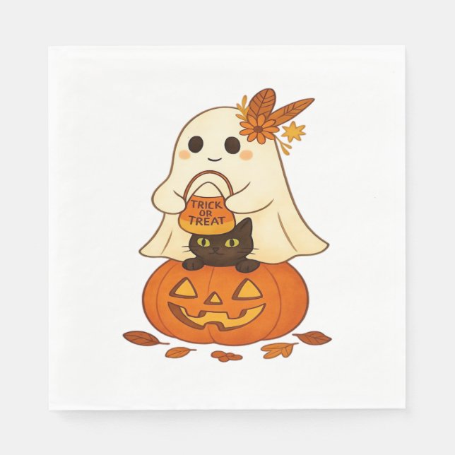 Boho Ghost & Black Cat - Trick oder Trete auf eine Serviette (Vorderseite)