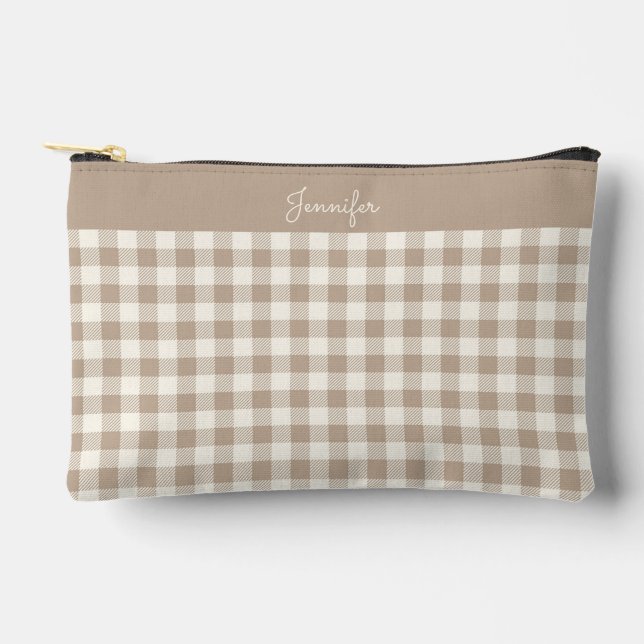 Boho-Gingham-Muster Kariert Neutraler Name Zubehörtasche (Vorderseite)