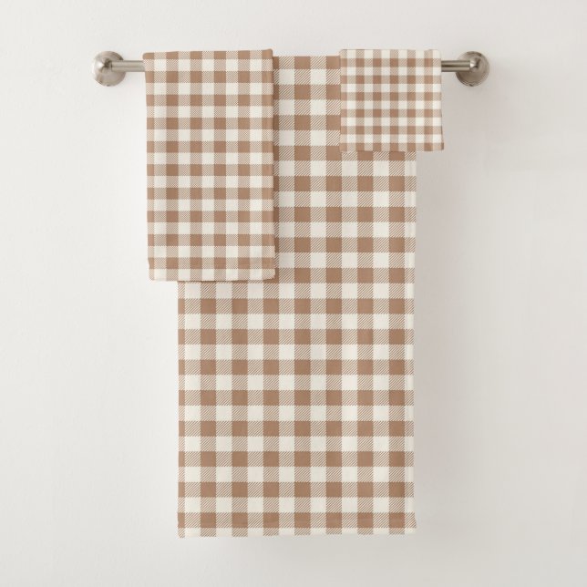 Boho-Gingham-Muster Karo kariert Beige Braun Badhandtuch Set (Insitu)