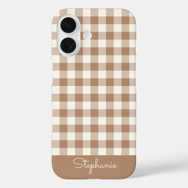 Boho-Gingham-Muster Karo-Karo-Braun Name iPhone 16 Hülle (Rückseite)