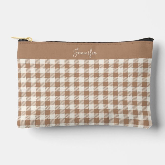 Boho Gingham Pattern Plaid Checkered Brown Name Zubehörtasche (Vorderseite)