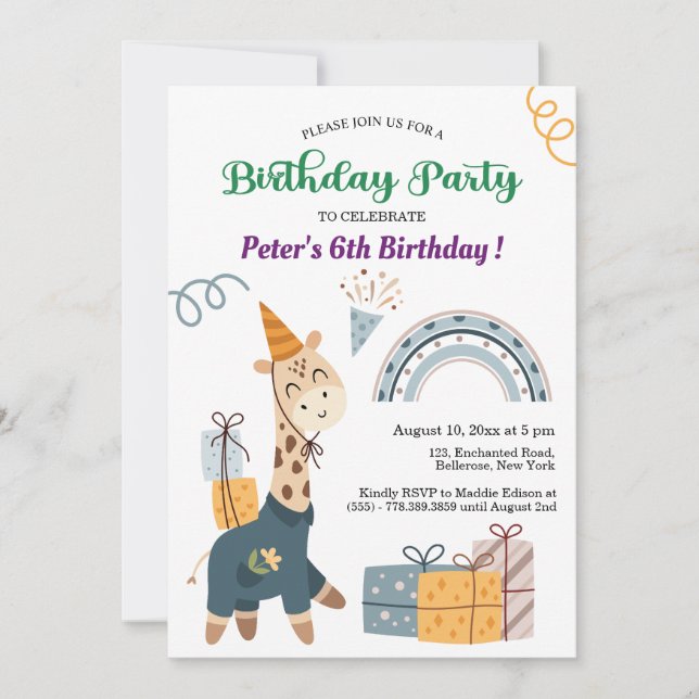 Boho Giraffe Blue Rainbow 6. Geburtstag Einladung (Vorderseite)