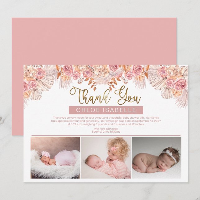 Boho Girl 3 Foto Pampas Grass | Rose Floral Dankeskarte (Vorne/Hinten)