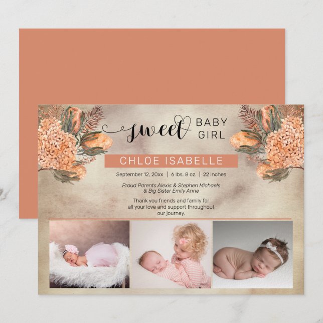 Boho Girl 3 Photo Pampas Grass | Floral Birth Ankündigung (Vorne/Hinten)