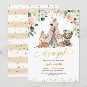 Boho Girl Floral Woodland Baby shower Invitation