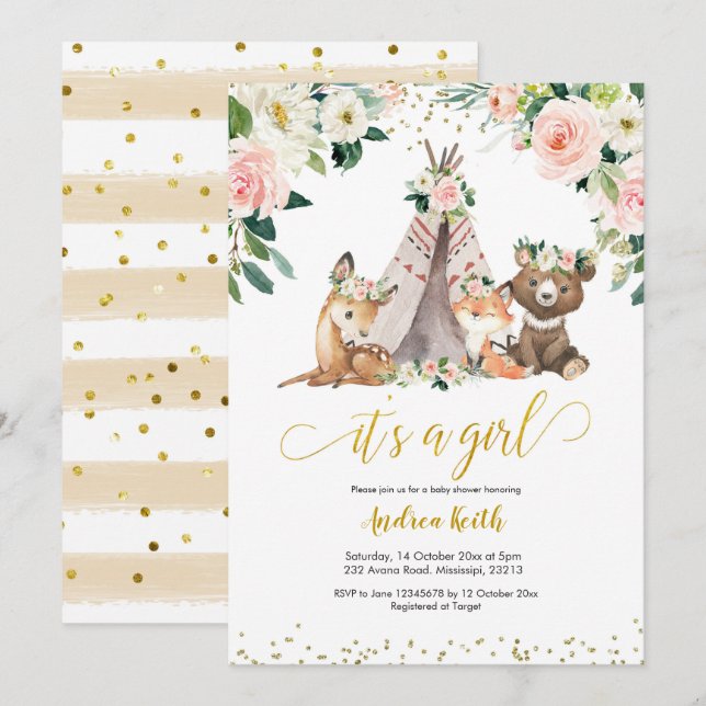 Boho Girl Floral Woodland Babydusche Einladung (Vorne/Hinten)