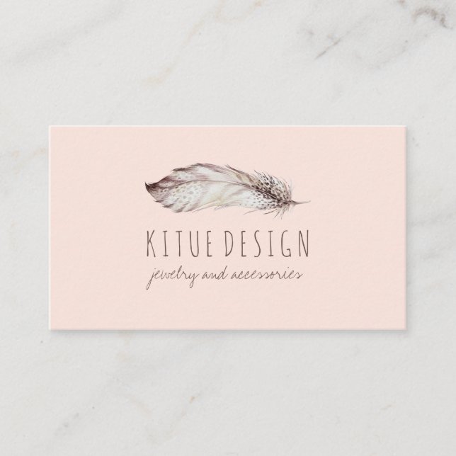 Boho Girly blush rosa gedrucktes Feather Visitenkarte (Vorderseite)