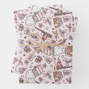 Boho Girly Pink Weihnachtsdoodles Geschenkpapier Set