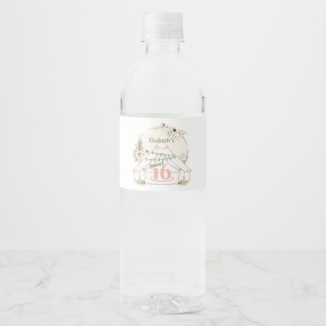 Boho Glamping Sweet 16 Birthday Water Flasche Etik (Vorderseite)