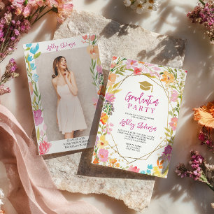 Boho-Glitter-Blumen-Watercolor-Foto-Abschluss Einladung