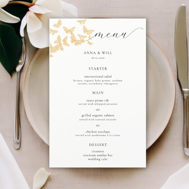 Boho Gold Butterflies Elegante romantische Hochzei (boho gold butterflies wedding menu elegant modern romantic calligraphy simple classic minimalist)
