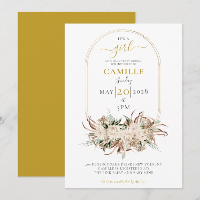 Boho Gold Floral Frame Baby shower Invitation (Devant / Derrière)