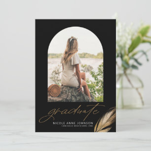 Boho Gold Glitter Feather Black Photo Graduation Ankündigung