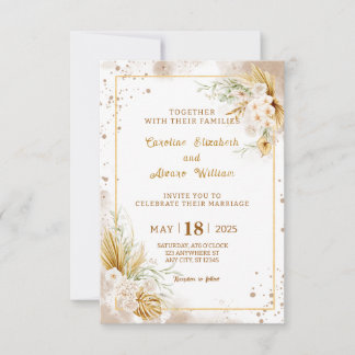 Boho Gold Glitter Pampasgras & Orchideen Hochzeit Einladung