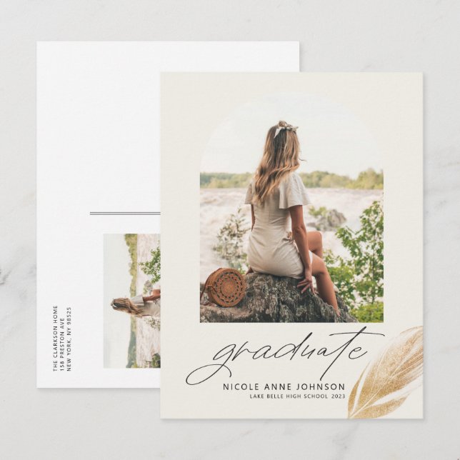 Boho Gold Glitzer Feather Arch Foto Abschluss Einladungspostkarte (Vorne/Hinten)