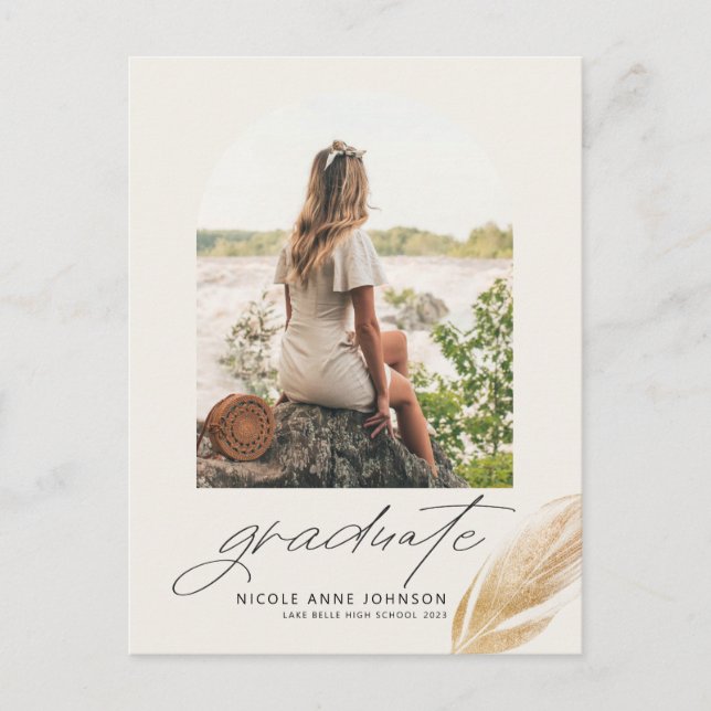 Boho Gold Glitzer Feather Foto Abschluss Ankündigungspostkarte (Vorderseite)