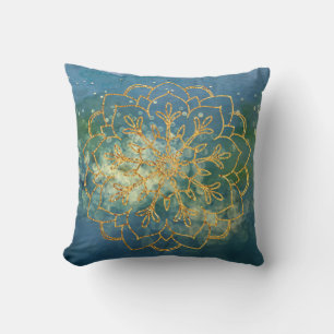 Boho Gold Mandala Blau Grün Wasserfarbe Glitter Kissen