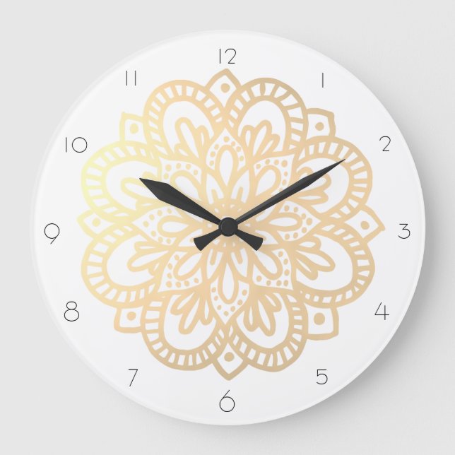 Boho Gold Mandala Wall Clock Große Wanduhr (Vorderseite)