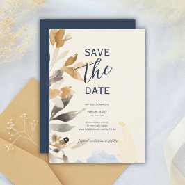 Boho Gold Navy Blue Winter Floral Wedding Save The Date