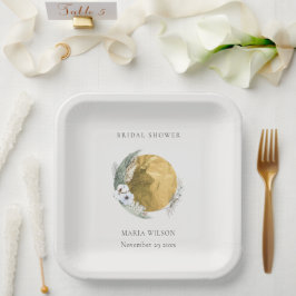 Boho Gold Saga Green Floral Wreath Brautparty Pappteller