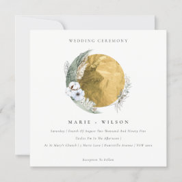 Boho Gold Saga Green Floral Wreath Wedite Einladun Dankeskarte